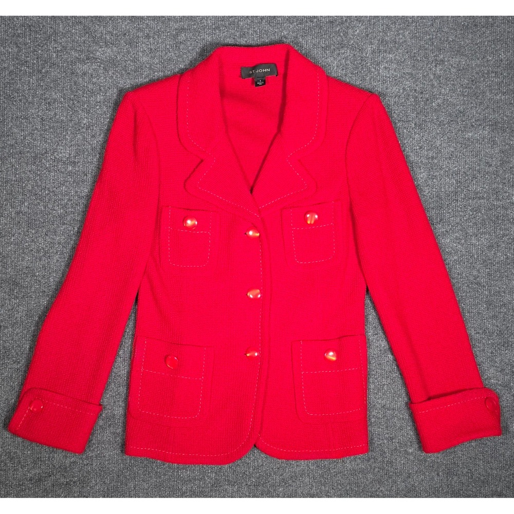 St. John Red Knit Blazer Jacket Size 6 Button Front Patch Pockets Made in USA